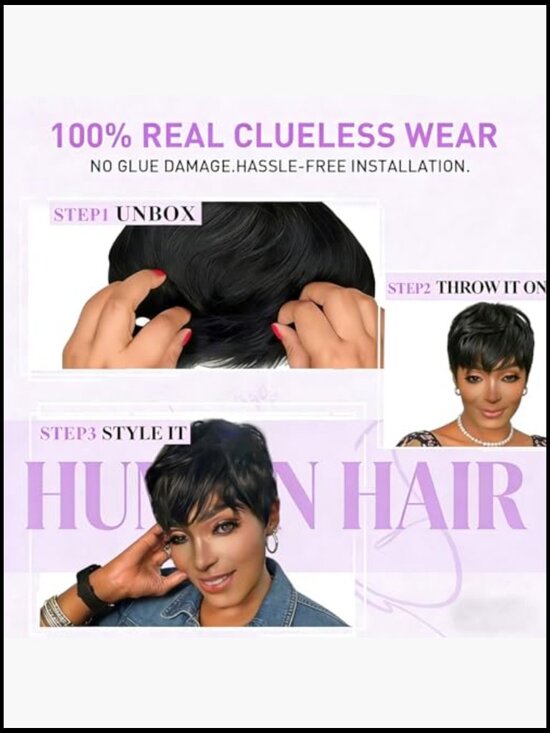 Short Layered Pixie Wig Human Hair Natural Black Glueless Daily Wear